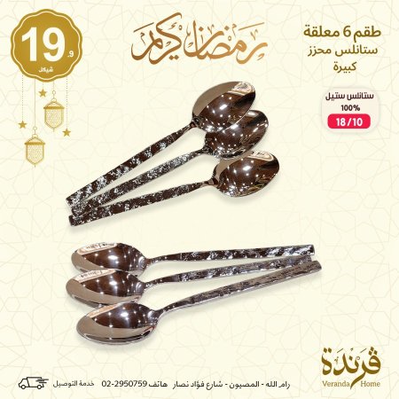 طقم 6 معالق فضي ستانلس ستيل محزز كبير